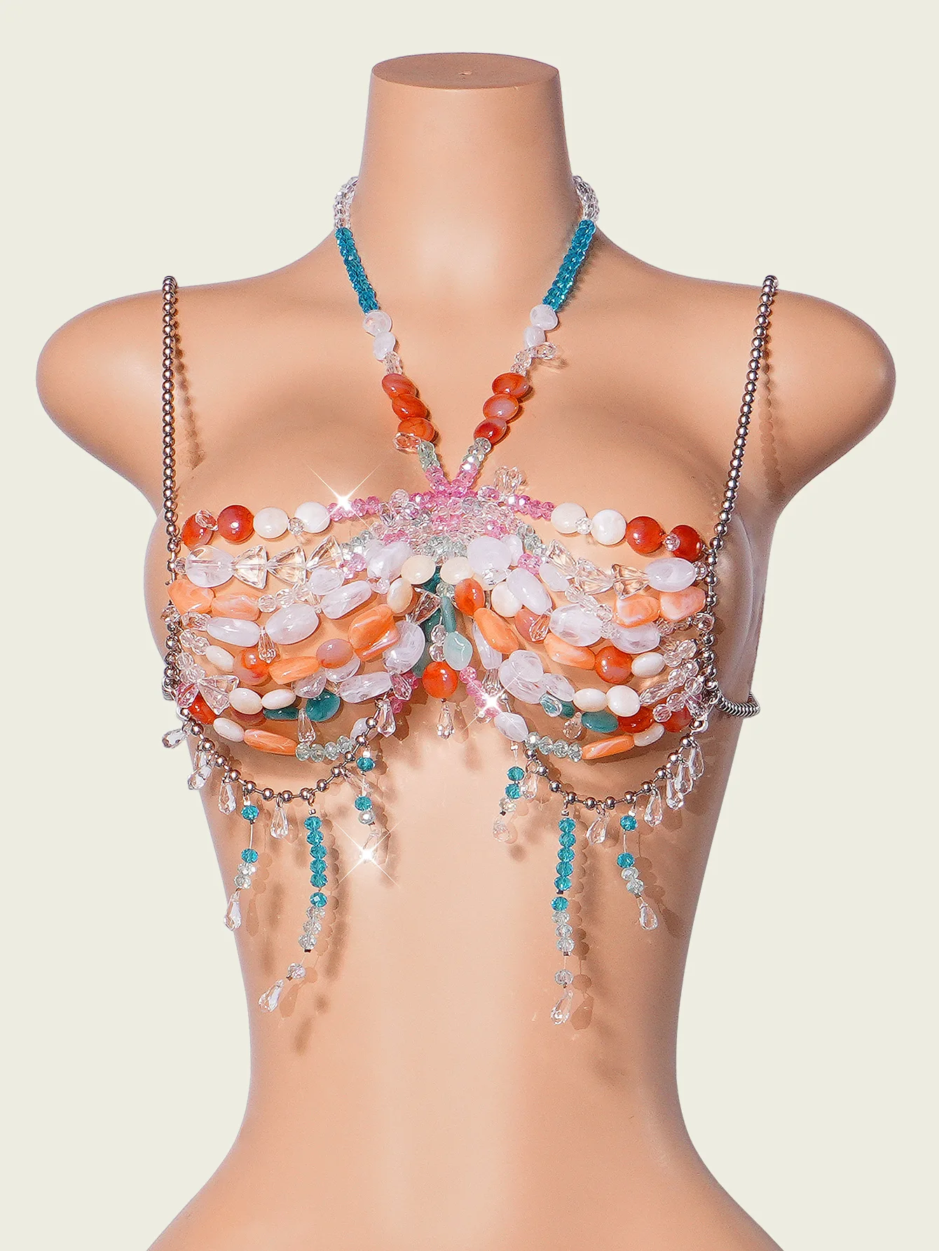 Sexy White Crystal Hanging Neck Chest Chain Women'S Transparent Body Chain Top Vest Tassel Vest Short Bikini Chest Decoration