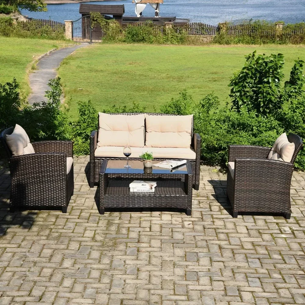 

4-Piece Patio Furniture Set, Rattan Wicker Chair Set w/1 Loveseat, 2 Single Sofas, 1 Coffee Table with Tempered Glass Top