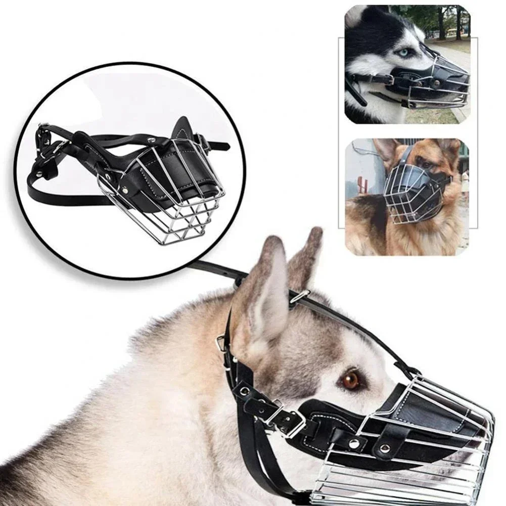 Pet Dog Adjustable Anti-Bite Metal Muzzle Mouth Cover, Breathable Leather Metal Basket German Shepherd Pet Muzzle Large Dog Mask