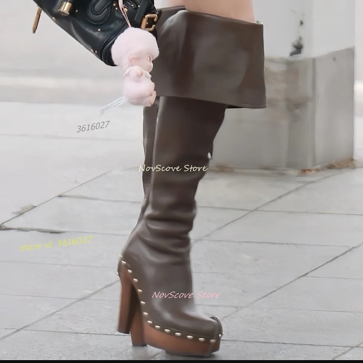 

Pointy Toe Studded Platform Over The Knee Boots Block Thin Heels Faux Wool Sole Sexy Women Fold Boots Party Thigh High Boot