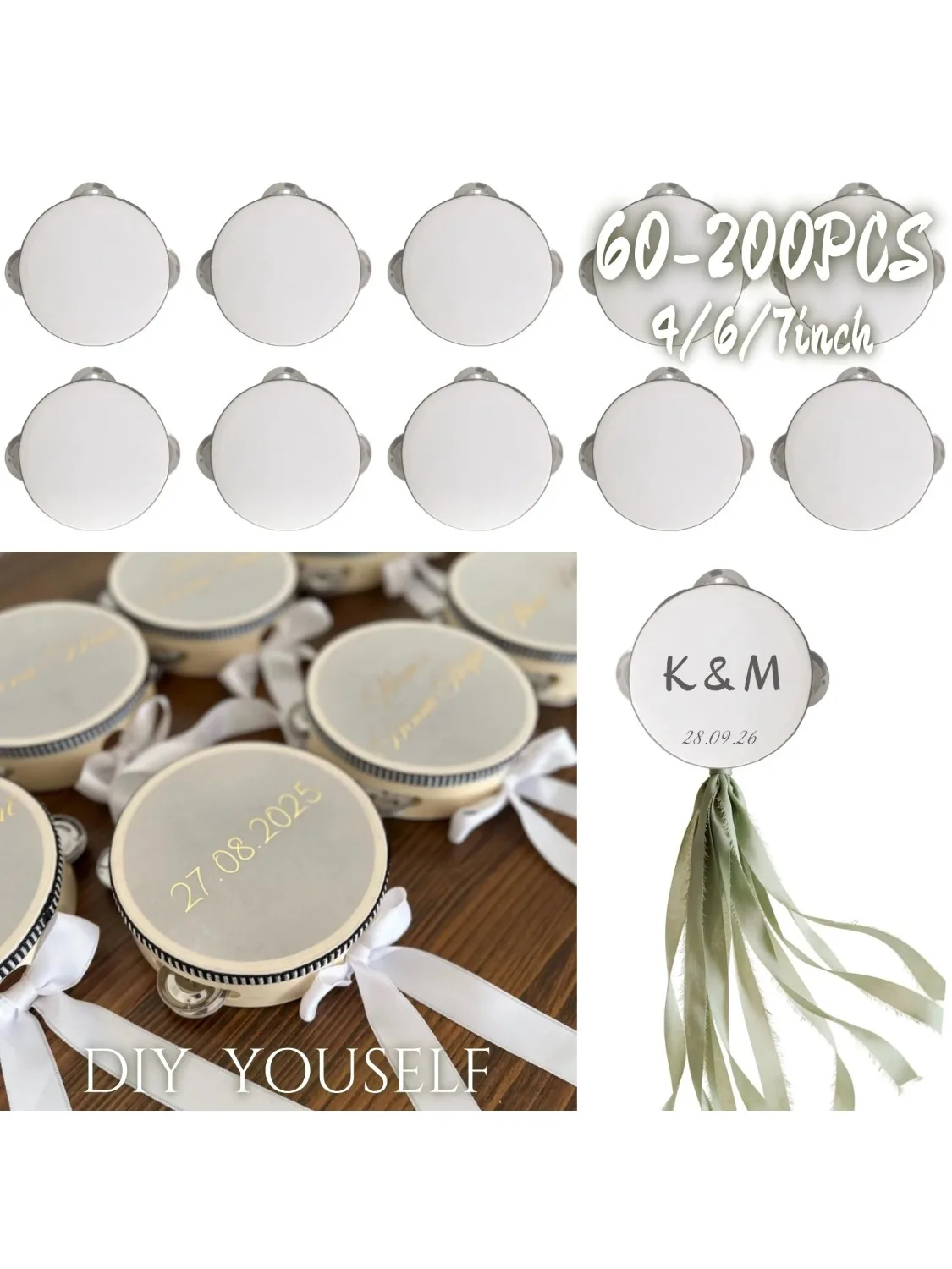 60-200PCS Bruiloft Tamboerijn Drum Lawaaimakers Dansvloer Props Bruiloft Gast Geschenken 4-7inch - afbeelding 2