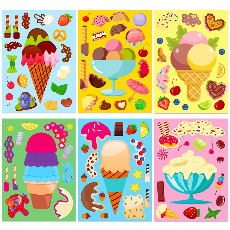 6Sheets Ice Cream Dessert Puzzle Sticker Creative Make Your Own Dessert Decals Craft Party Supplies Kids Funny Toys Decor Gifts