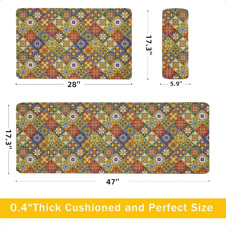 Boho Kitchen Rugs Set 2 Memory Foam Colorful Ceramic Comfort Tile Floor Mat Anti Fatigue Noid PVC Runner Rug Water Oil Proof Ca