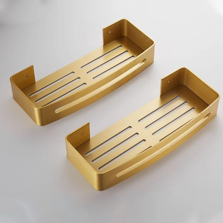 Brushed Gold Bathroom Shelf with Hooks Aluminum Rectangle Kitchen Bathroom Shower Gel Soap Shampoo Storage Organizer Rack Holder