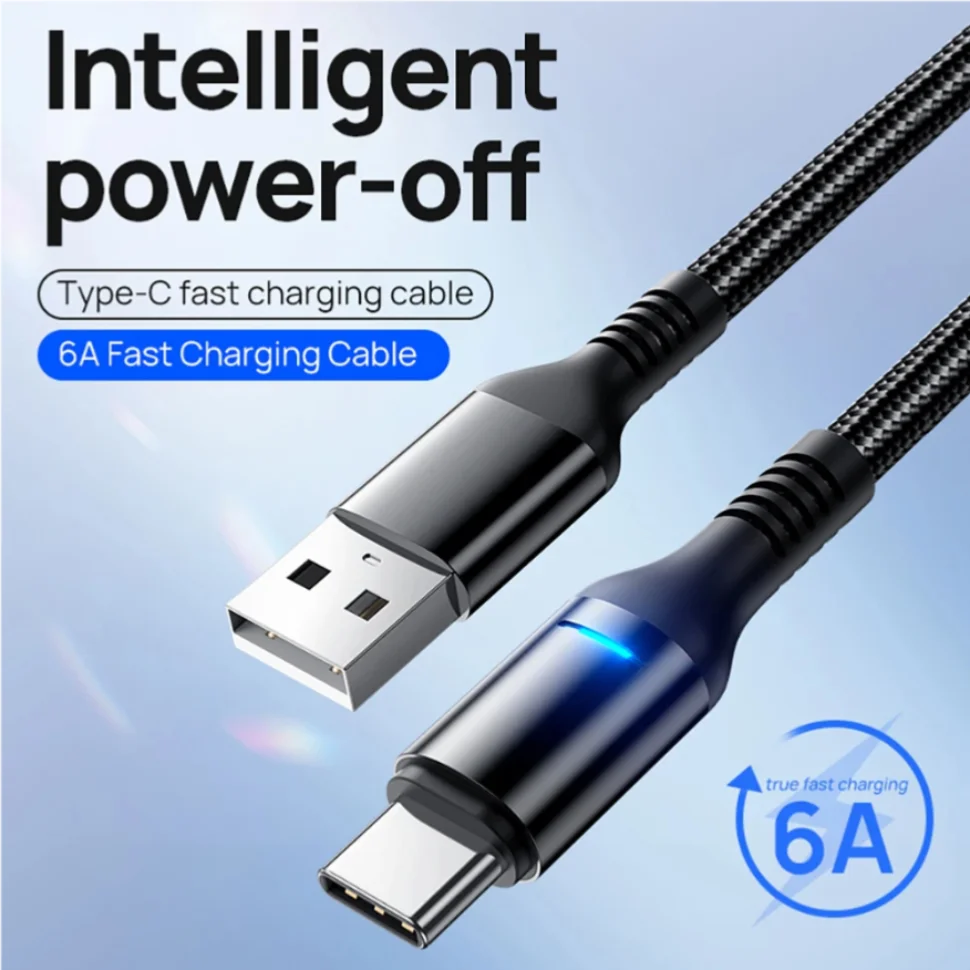

USB-C 100W 6A Fast Charging Cable with Smart Auto Power-Off LED Display Nylon Braided Cord Charger USB to Type C High-Speed Data