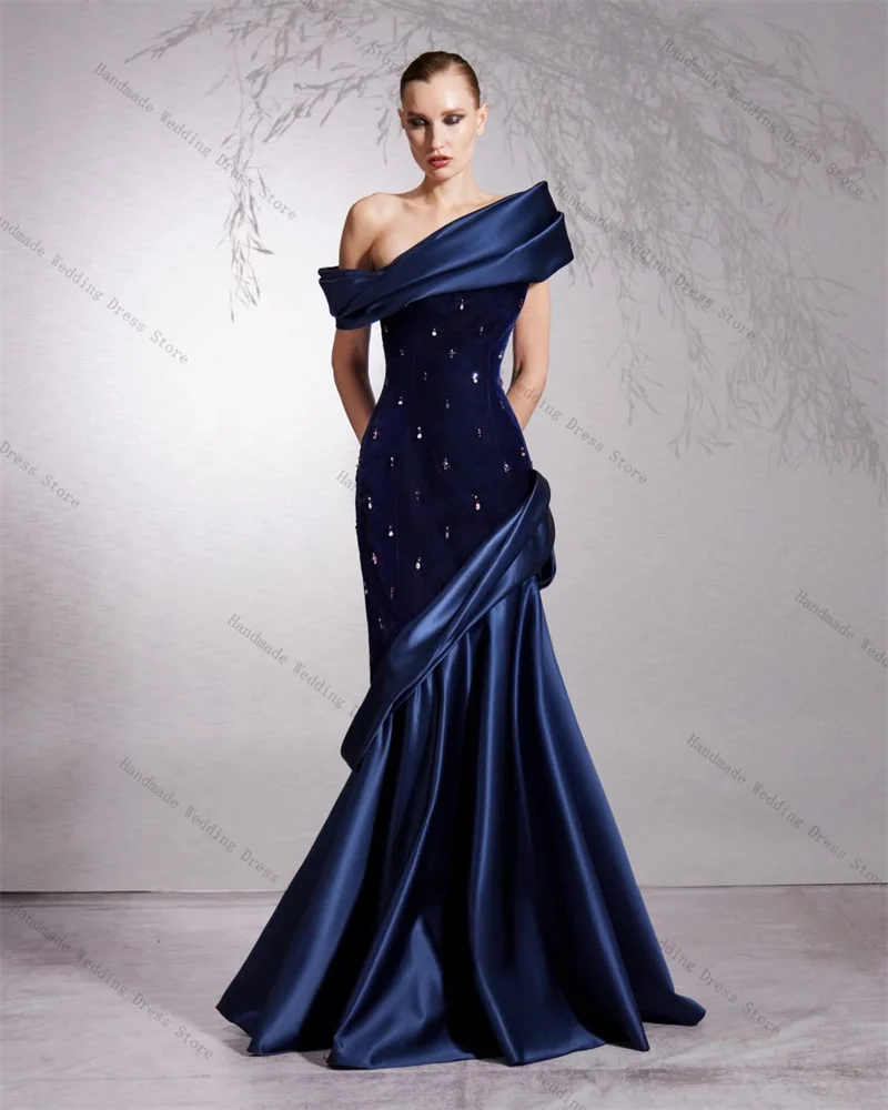 

Navy Blue Velvet Satin Prom Dress Crystal Sexy One Shoulder Mermaid Bridal Evening Gown Customized Lace Up Back Church Long Robe
