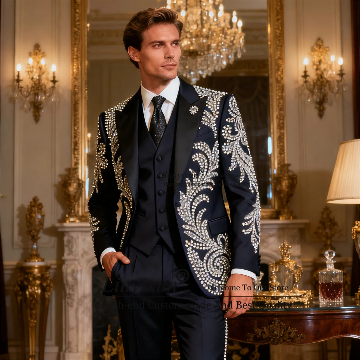 

Потрясающие мужские костюмы с орнаментом и стразами, комплекты из 3 предметов, мужские пиджаки для жениха, индивидуальные смокинги для свадебной вечеринки, облегающие Ropa hombre