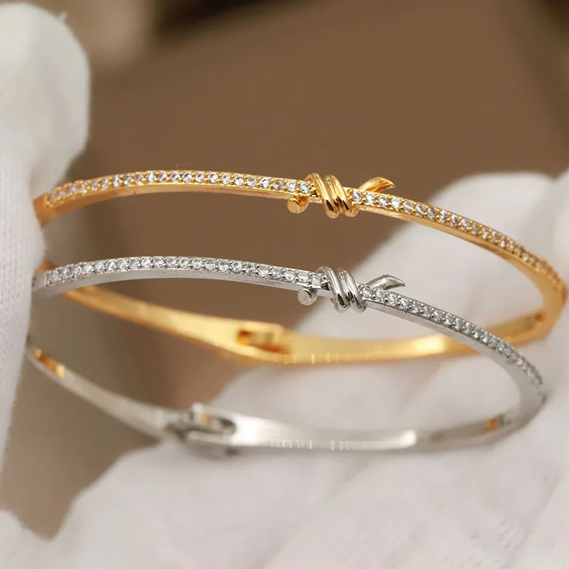 New Sight Full Crystal Knot Thin Bangles&Bracelet for Women Wedding Bridal Zirconia Bracelet Fashion Brand Jewelry