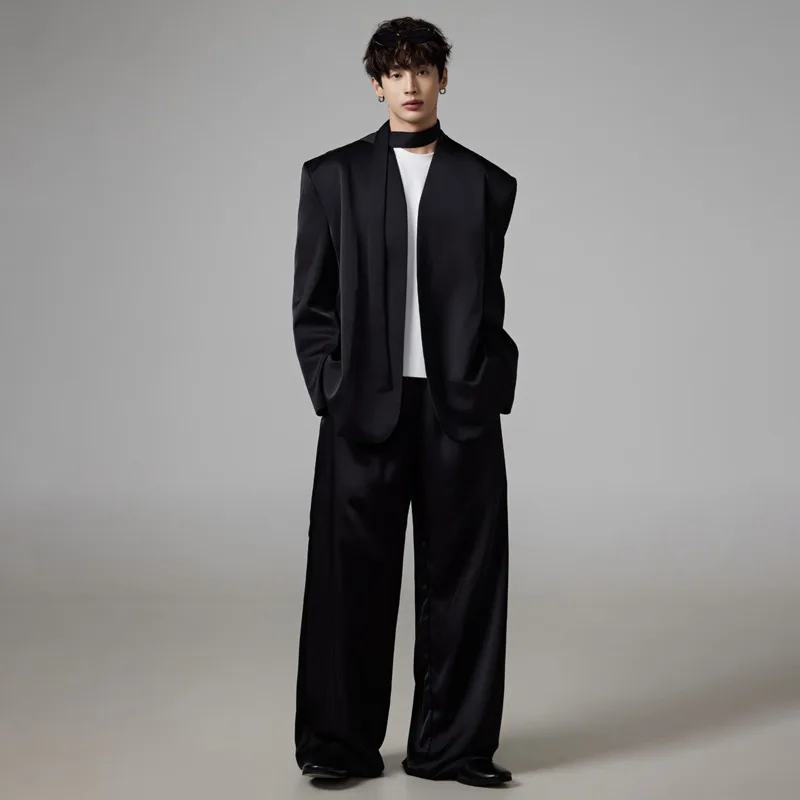 WVGA ربيع الخريف جديد رجل المد الكتف مبطن ثنيات العصرية السترة المتخصصة شيك عادية الشريط مستقيم دعوى السراويل Ins Y2K W13437