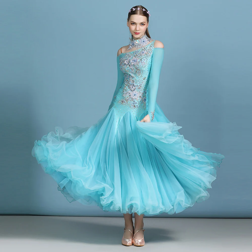 Ballroom Dance Competition Dress Long Sleeve Slanted Shoulder Senior Ballroom Dress Standard High Quality Lake Blue Sling Skirt