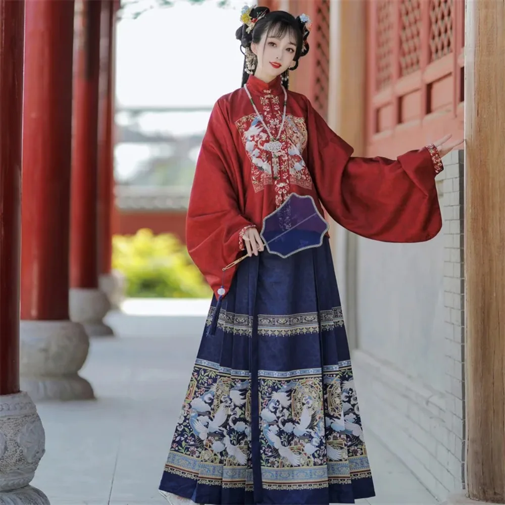 

Elegant Hanfu Women's Dress Featuring Horse-Face Skirt Stand Collar Maroon Hanfu Top + Horse Pleated Skirt Chinese Style Clothes