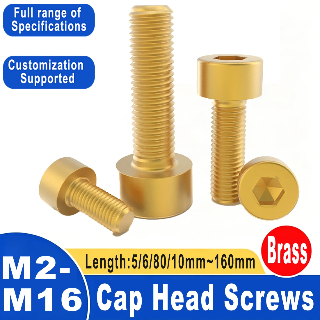

M2.5 M3 M4 M5 M6 M8 M10 M12 M14 M16 Pure Brass Hex Hexagon Socket Cap Head Screws DIN912 Allen Key Head Screw Bolt