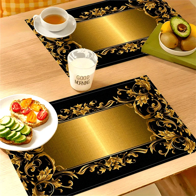 VIKAMA Luxury Black Gold Frame Square Placemat Non Slip Waterproof Heat Resistant Dining Table Mat for Holiday Party Decor