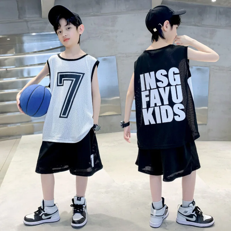 

Boys Teenagers Summer Suit Sleeveless Printed+loose Three-quarter Pants Two-piece Set for Outer Wear Casual Sports Style