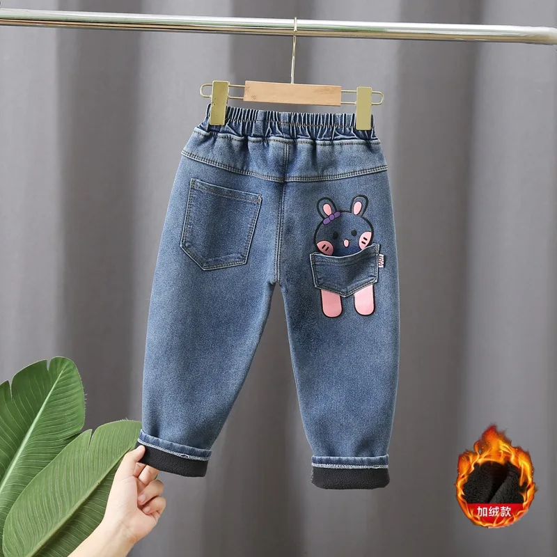 Winter Baby Girls Plush Denim Pants Toddler Kids Cartoon Cat Printing Jeans Children Fashion Leisure Keep WarmTrousers1-6Y