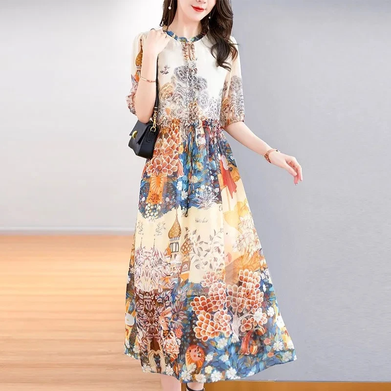 French Temperament National Wind Silk Print Dress 2024 Summer New Loose Slim Round Neck Five-point sleeve Mulberry Silks Skirt