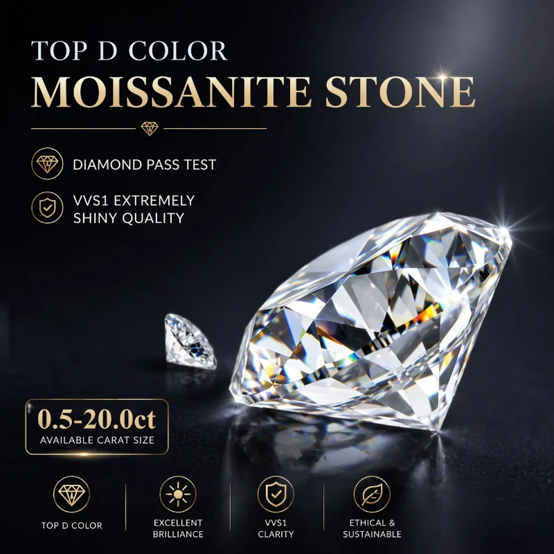 D Color Round Cut Moissanite Loose Stones 0.5-20.0ct VVS1 Certified Moissanite Lab Diamonds Pass Tester