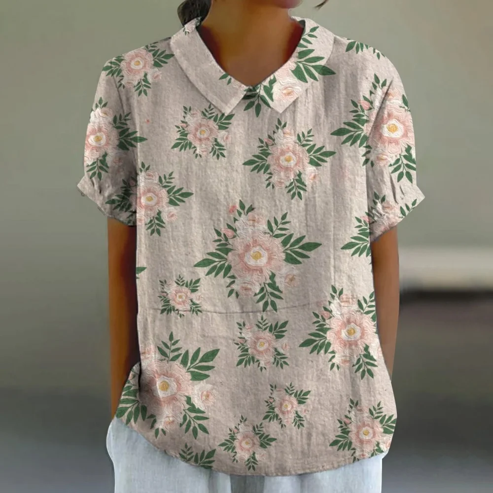 Женский летний новый топ, модная китайская рубашка с принтом бамбука и конопли, повседневная удобная рубашка с коротким рукавом и воротником, женские блузки