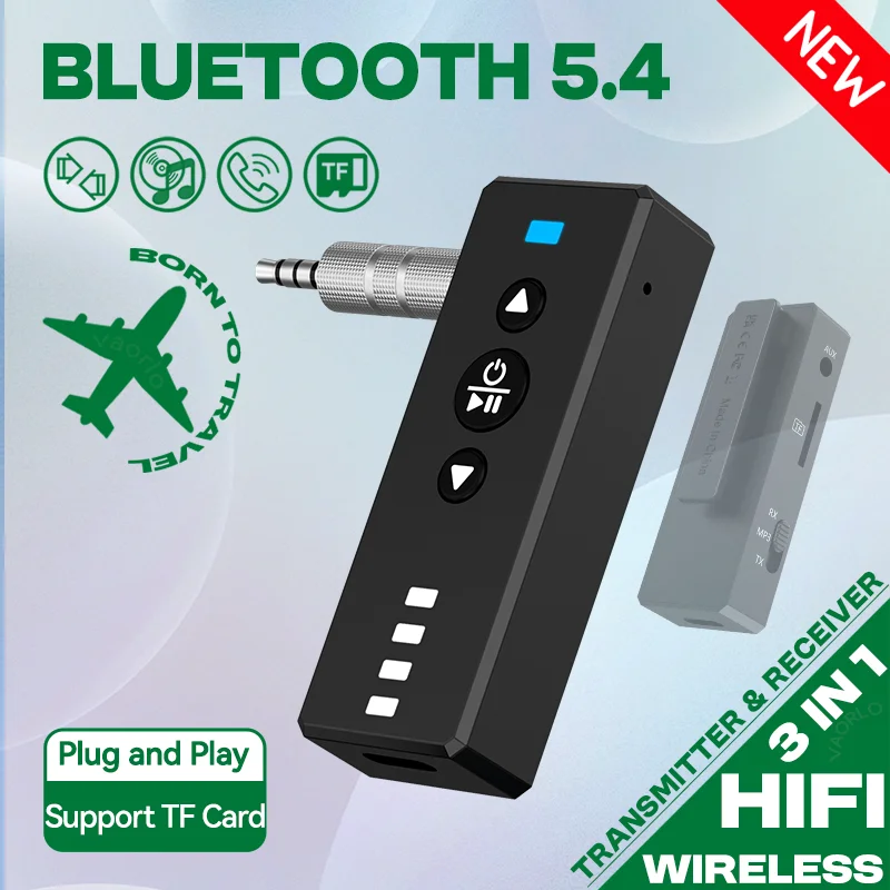 بلوتوث 5.4 جهاز ريسيفر استقبال وإرسال الصوت 3.5 مللي متر AUX دعم TF بطاقة اللعب MIC طوق كليب محول لاسلكي لسيارة طائرة التلفزيون الكمبيوتر