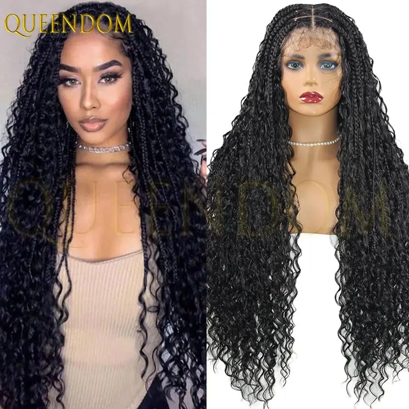 الاصطناعية طويلة البوهيمي صندوق شعر مستعار مضفر للنساء السود كامل مزدوج الدانتيل الجبهة مضفر كورنو صندوق تويست الباروكات مع شعر الطفل