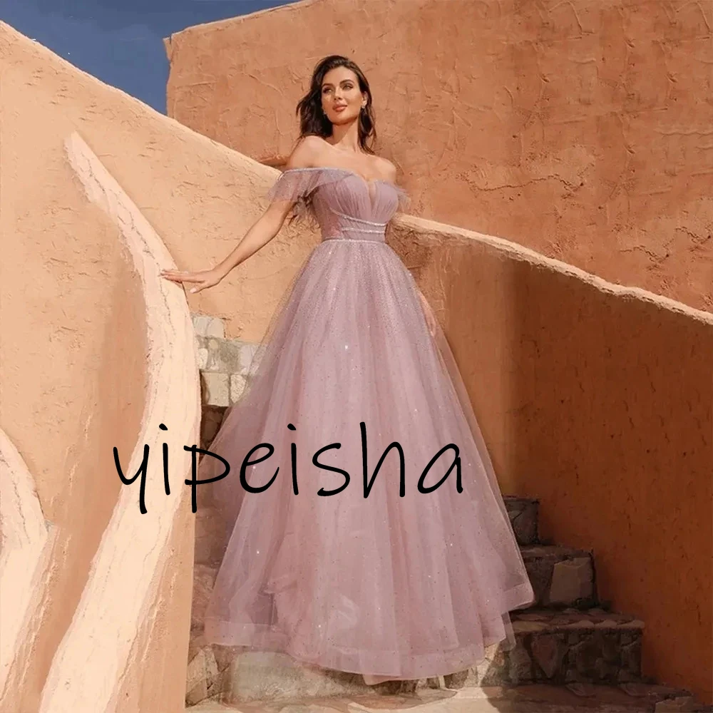 Customized Yipeisha Elegant Simple Pink Tulle Evening Dress Sparkly A-line Off the Shoulder Prom Gown Draped Floor Length Party 