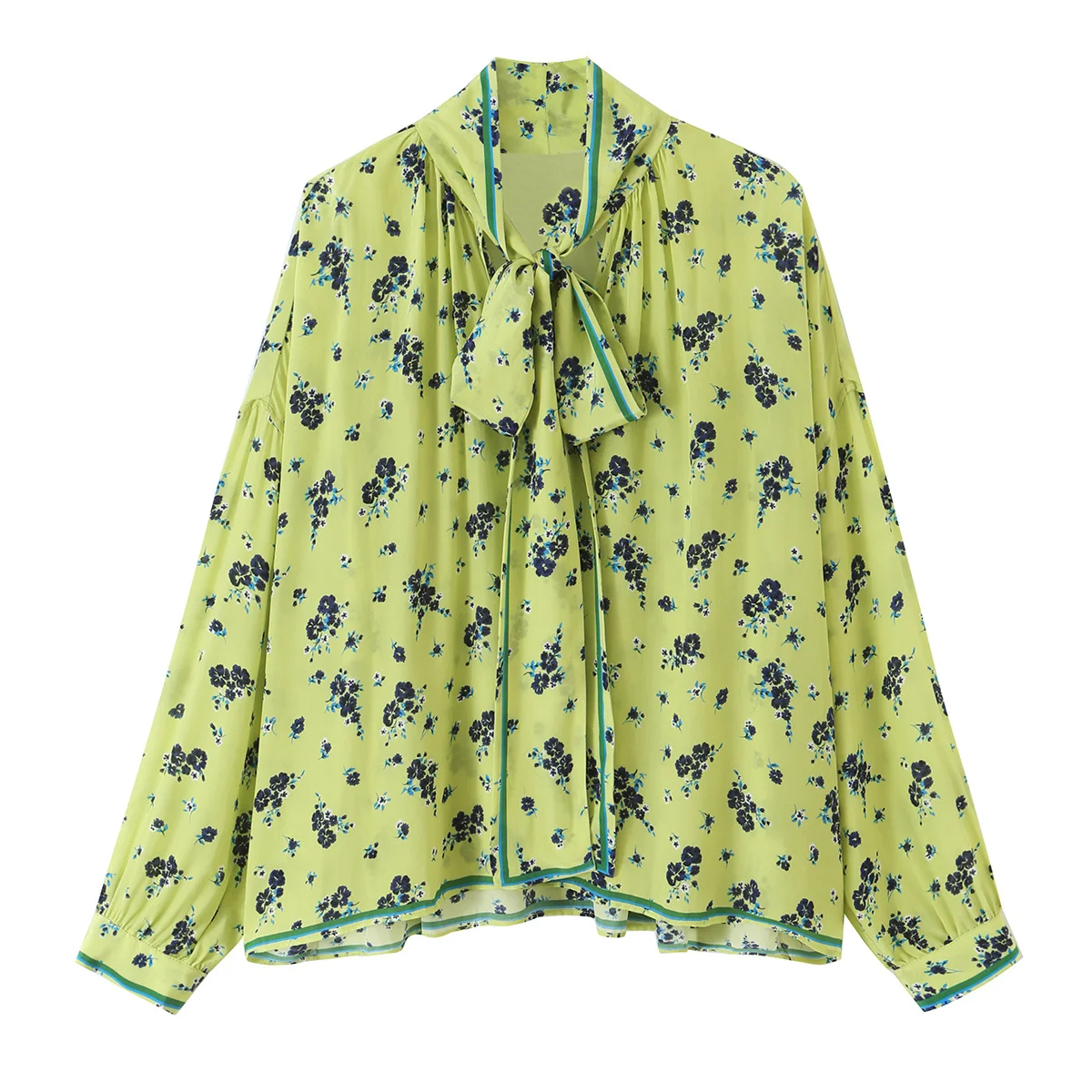 KONDALA Schicker Grüner Herbst-Print Damenanzug Schleifenblumenhemd + Midirock mit elastischem Bund Mode 2026 Vintage Damen-Urlaubssets – Detail 3