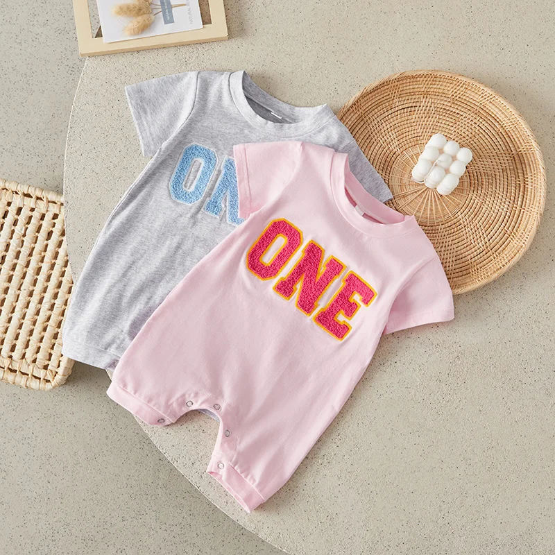 

Suefunskry Newborn Baby First Birthday Romper Casual Letter Embroidery Round Neck Short Sleeve Jumpsuit for Infant Girls Boys