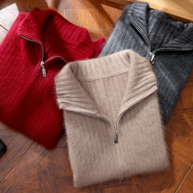 

2025 Autumn Winter New Men's Zipper Cardigan 100% Mink Cashmere Lapel Knit Sweater Thickened Loose Highend Casual Fashion Jacket