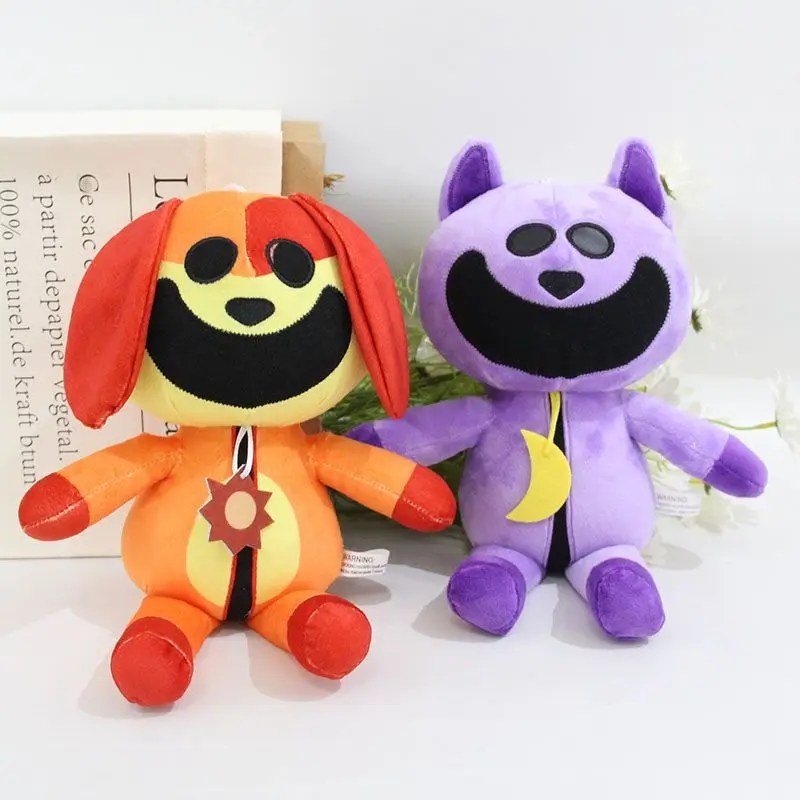 Boneco de pelúcia de animal sorridente e assustador, cão de boca grande laranja, brinquedo de pelúcia, enfeite de mesa moderno e peculiar, presente colecionável único