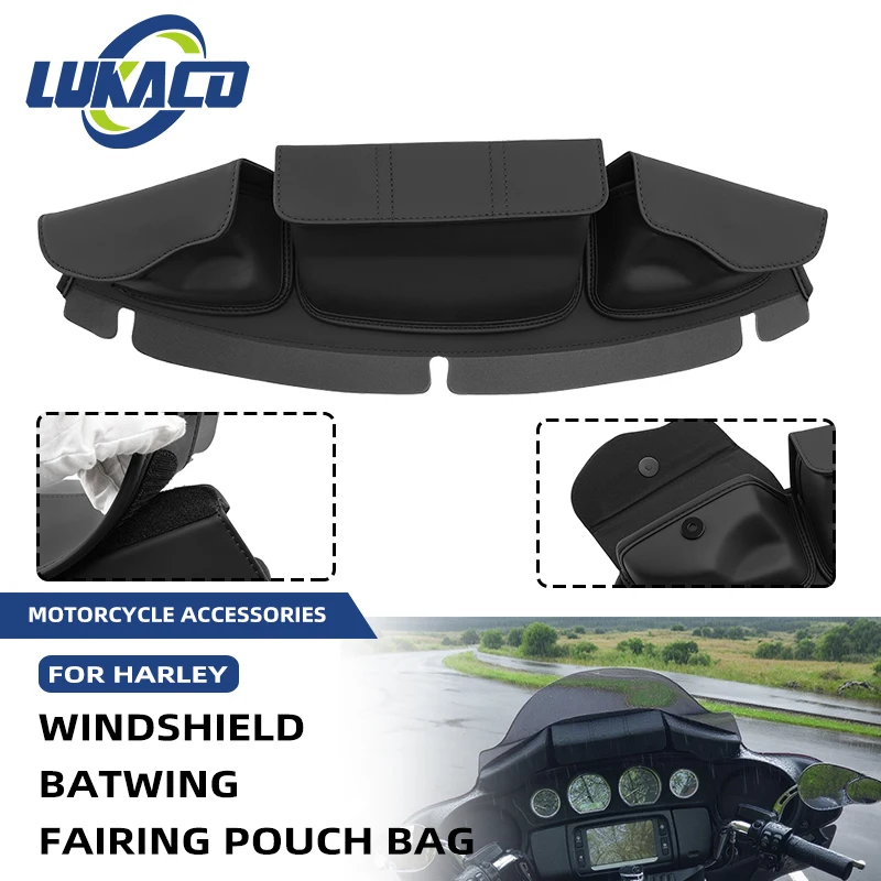 Motorcycle Black Three Pocket Windshield Bag Windscreen For Harley Davidson Electra Street Glide FLHX FLHT FLHXS FLHTK 2014-2023