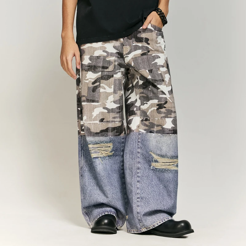 

Retro Tattered Jeans Stitched Camouflage Printed Jeans Men and Women Street Fashion Brand Loose Wide-Leg Draggle-Tail Trousers