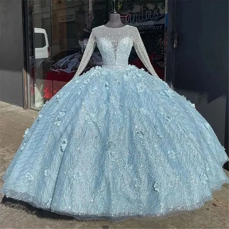 فساتين Quinceanera باللون الأزرق الفاتح 2024 بأكمام طويلة وزهور ترتر حلوة 16 ثوب حفلة وردي فيستدوس دي 15 Quinceañera مخصص