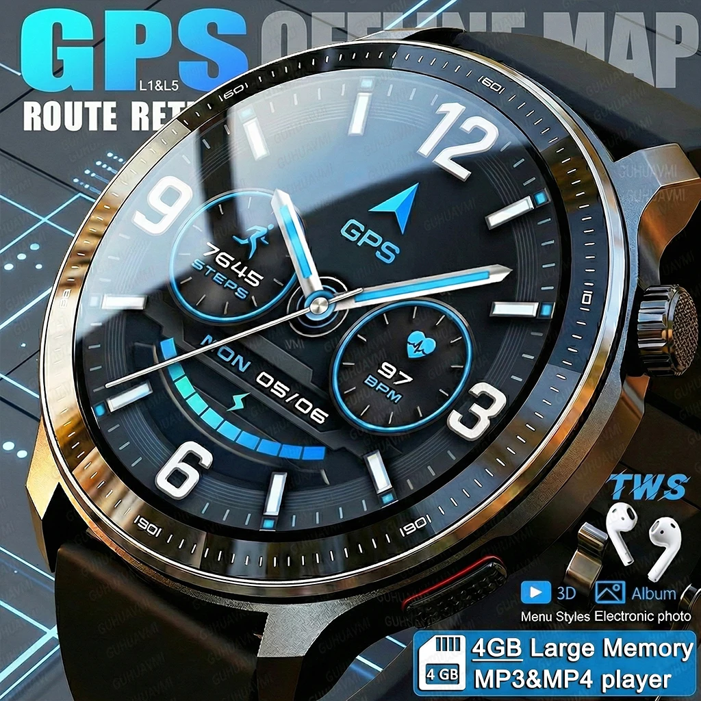 

Новые GPS-часы с офлайн-картами для мужчин, с памятью, 3D-меню, TWS, MP3/MP4-плеером, AMOLED-экраном 1.43 дюйма, компасом, спортивные, водонепроницаемые, для плавания, браслет