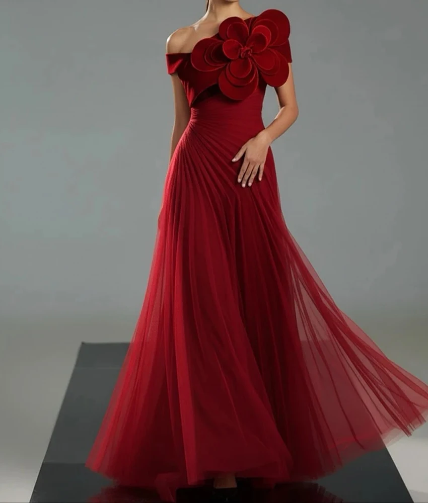 

Lzhk Customized Graceful Tulle A-Line Off the Shoulder 3D Flowers Evening Dress Temperament V-Neck Floor Length Prom Gowns