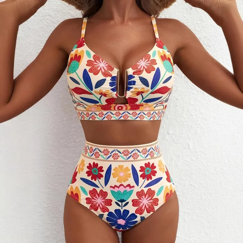 Ensemble bikini 2 pièces taille haute pour femme, imprimé floral, dos croisé, pour la natation