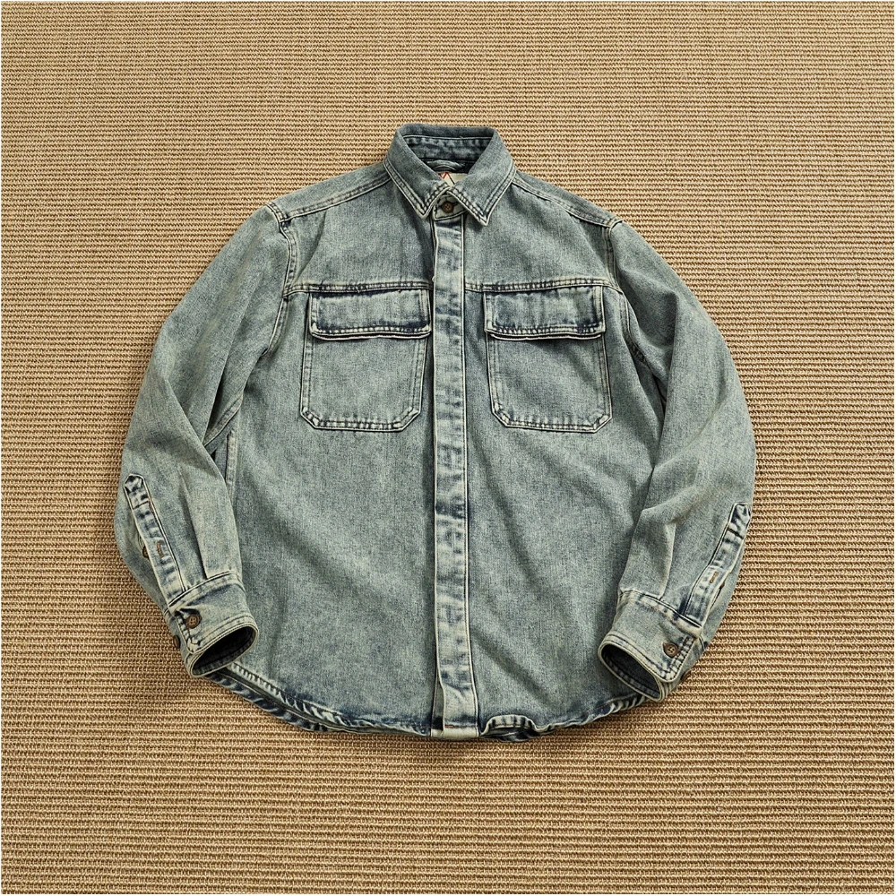 Spring Autumn New American Retro Heavyweight Double Pocket Denim Cargo Shirt Men's Amekaji 100% Cotton Washed Casual Thin Coat