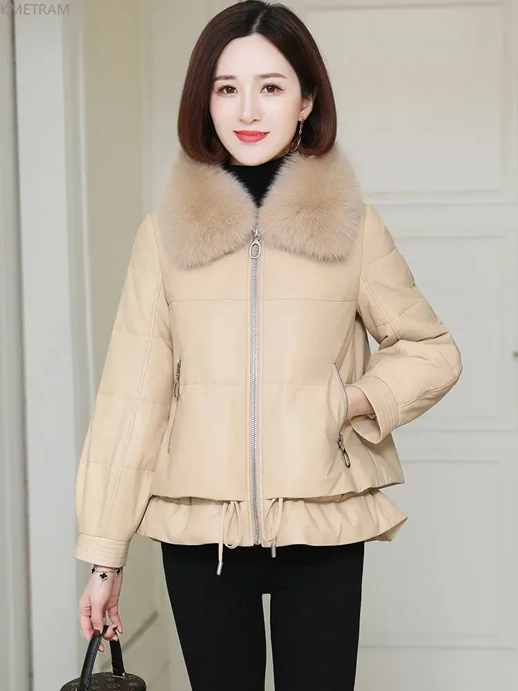 Real Leather Jackets for Women Winter Short Down Jacket Fox Fur Collar Genuine Sheepskin Coat Black Down Coats Korean Fashion