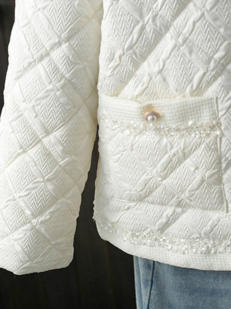 Lekka, cienka damska kurtka bawełniana z diamentową siateczką, krótki okrągły dekolt, jesienno-zimowa modna damska kurtka, ciepła kurtka damska z bawełnianą podszewką.