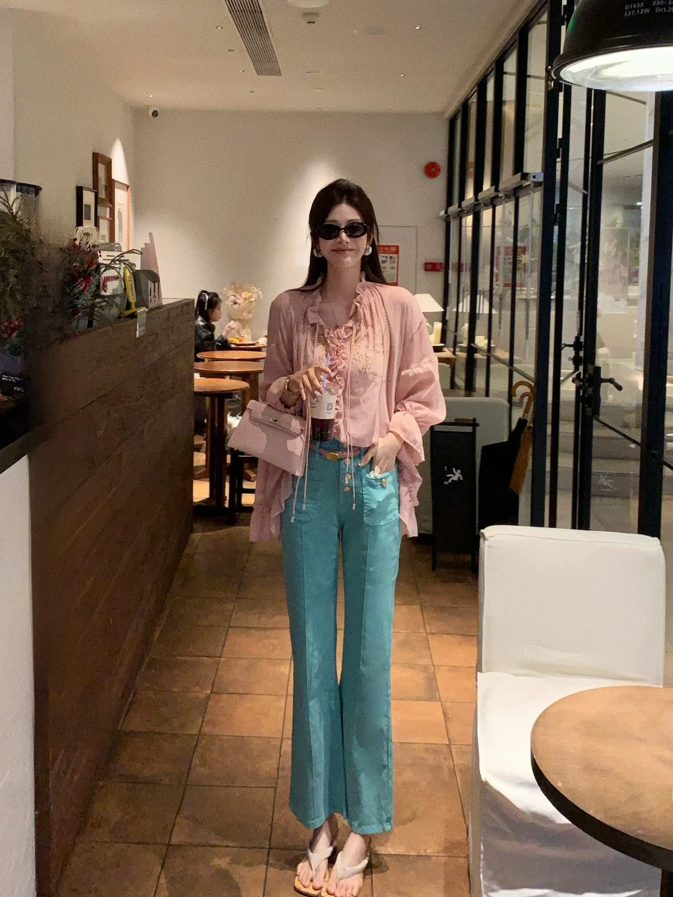 

High Waist Bell Bottom Jeans Women's Slimming Mint Green Small Gold Button Retro Style Casual Cotton Jeans Ladies Fashion