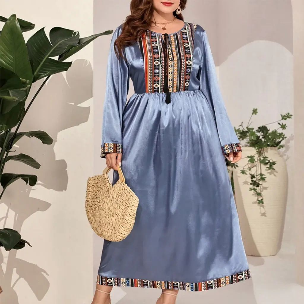 Новое женское элегантное платье больших размеров в стиле ретро с принтом, модное винтажное платье с круглым вырезом и длинными рукавами, доступное на складе