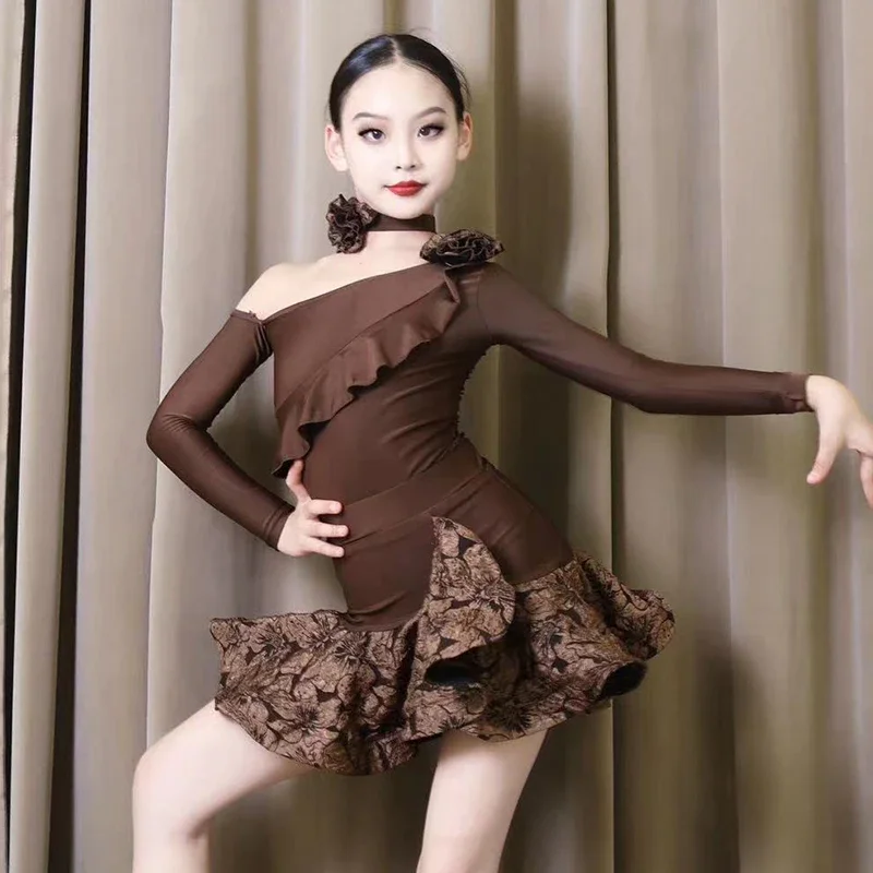 Abito da ballo latino per bambini, sala da ballo, bambina, tutù, pizzo, design policromo, abbigliamento da palcoscenico, salsa, samba, costume da ballo, nuovo stile