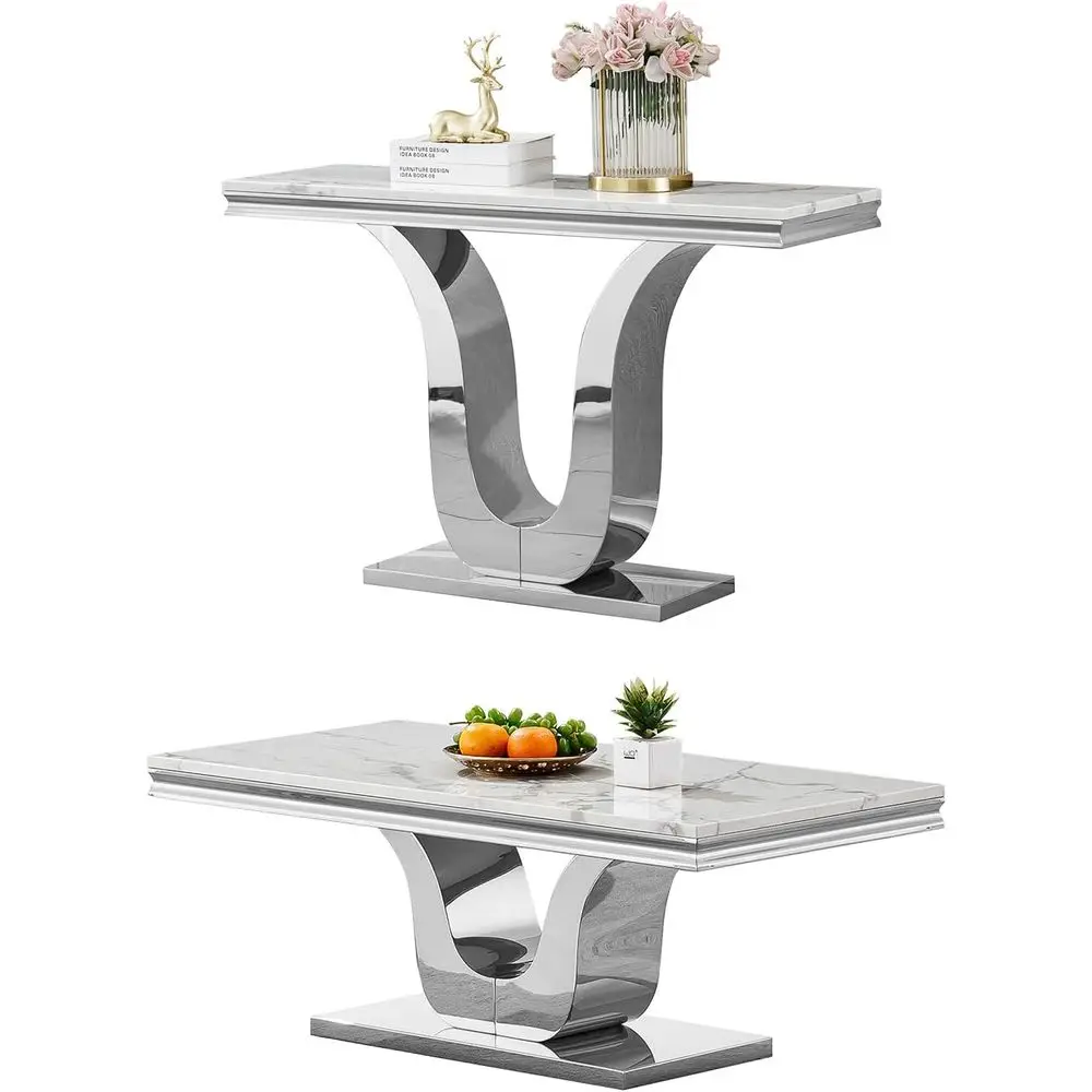 

Modern Coffee Table Set, 47 Rectangular Marble Coffee Table & 1 Oval Sofa Table, White Living Room Furniture with Silver U-Shape