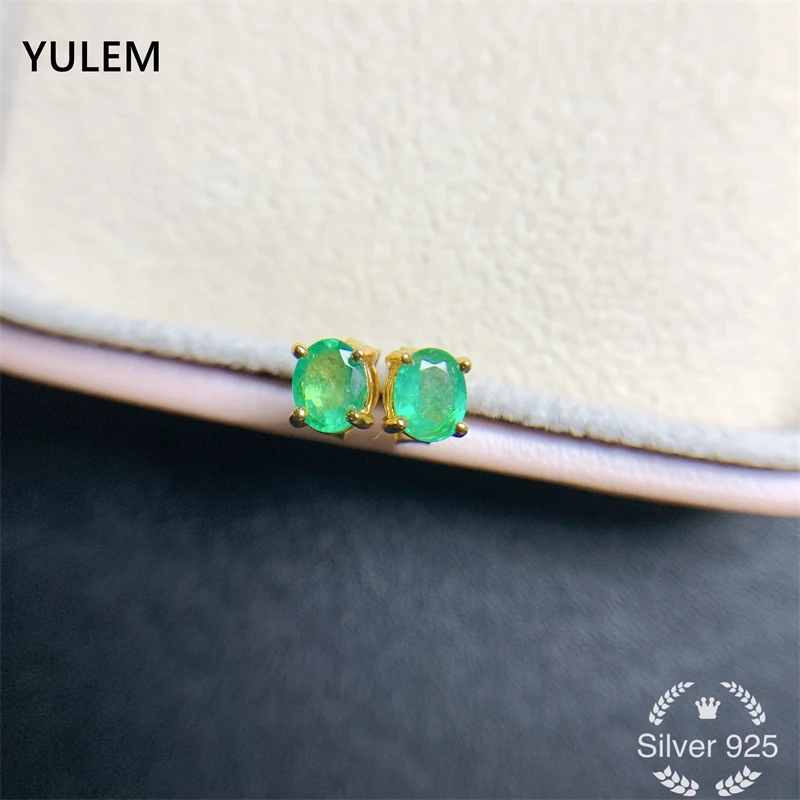 YULEM  Natural Emerald 4mmx5mm Earrings Studs,S925 Silver as Lover Jewerly for Women Classic Gift/Daily Wear/Party High Quality