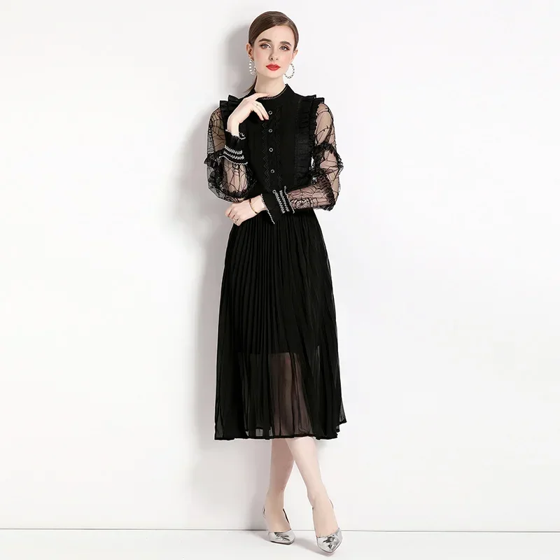 Good QualitySpring And Autumn New Black Stand Collar Medium Long Style Style Waist Swing Dress Vestidos Elegantes Para Mujer