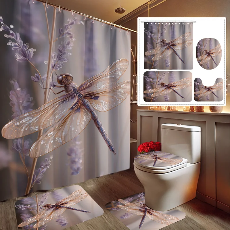 

4pcs Dragonfly Flying Among Flowers Print Shower Curtain Set, Decorative Bathroom Set Includes Shower Curtain, Non-Slip Floor