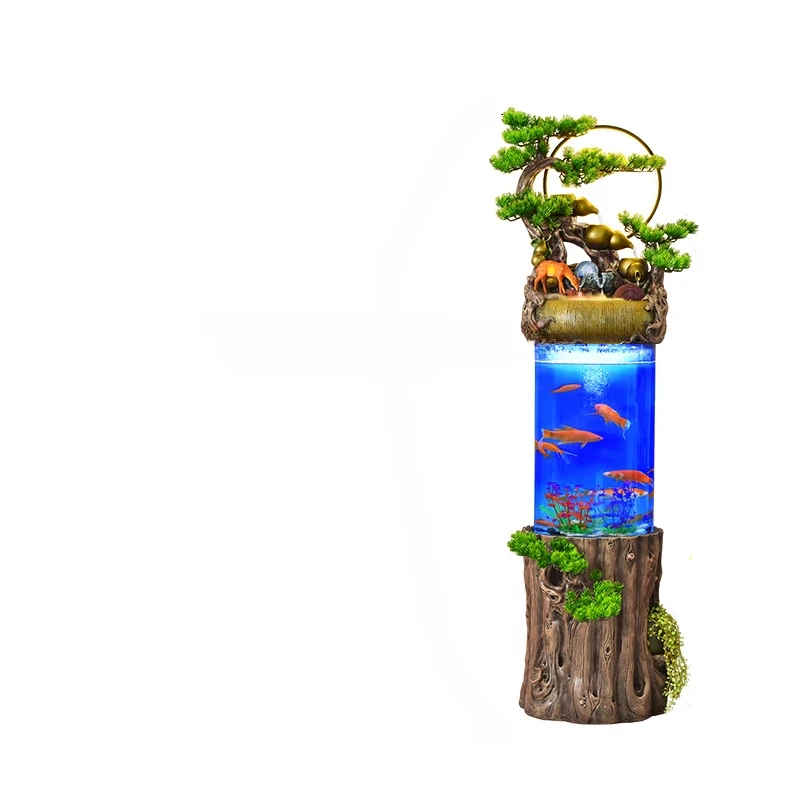 Chinese Modern Fish Tank Decoration Living Room Floor Make a Fortune as Endless Flowing Water Waterscape Fountain Humidifier