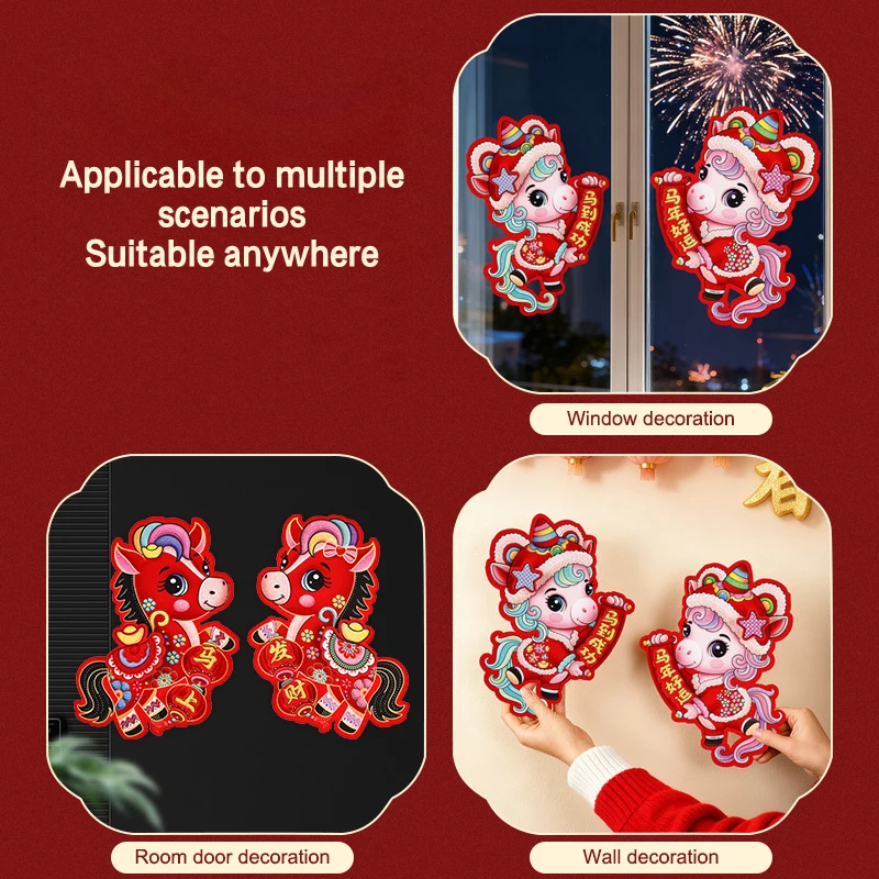 1 زوج 2026 سنة الحصان السنة الصينية الجديدة باب الديكور ثلاثية الأبعاد ورقة انقطاع الشخصيات الصينية احتفالي لهجة المنزل الديكور