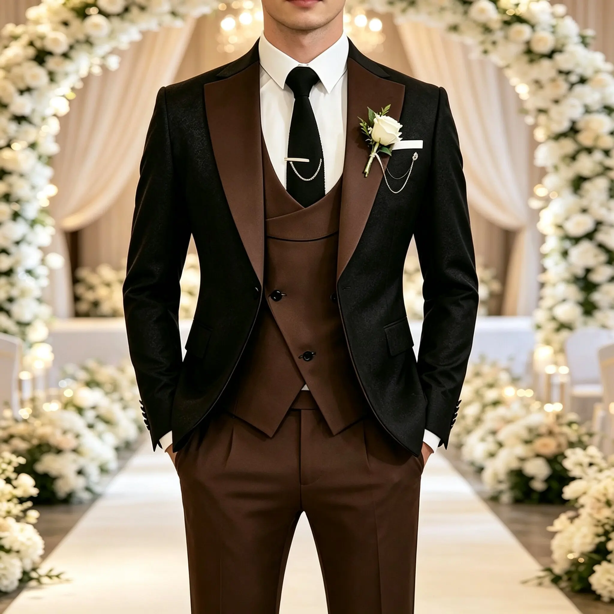 Herren zweifarbiger lässiger 3-teiliger Anzug, Slim Fit, einreihiger Blazer, Weste, Hose, modisches Outfit für Dates, Treffen und Streetwear – Detail 6