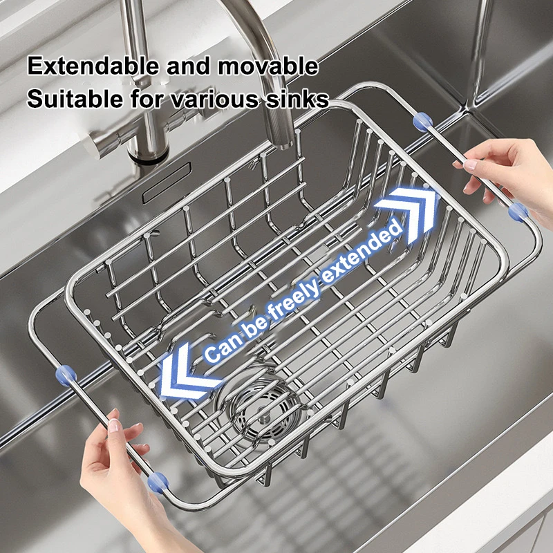 [W32] Adjustable Stainless Steel Sink Drain Basket Tableware Rack Kitchen Fruit Drainer Expandable Vegetable Washing Basin