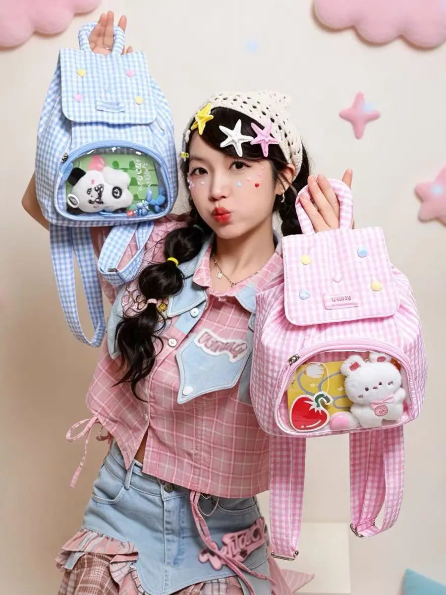 かわいい小さなキャンバスバックパック-シュガービーン-グリッド-デュアルパーパス鎮痛バッグ-コンパクトショルダーバッグ-0代の女の子の日常使用に最適